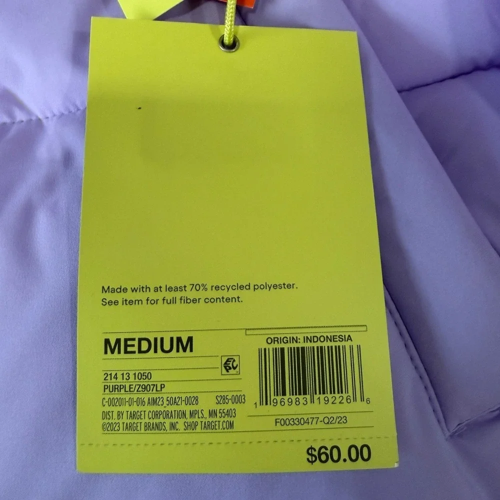Womens Lavender Cropped Puffer Jacket Pastel Winter Streetwear‎ Y2K Coat Medium